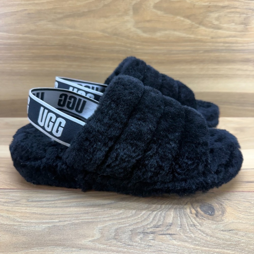UGG Fluff‎ Yeah 7 Black Fur Shearling Slingback Chunky Slippers
